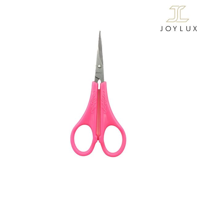 تصویر تکی از قیچی ابرو با دسته صورتی و تیغه‌های استیل ضدزنگ