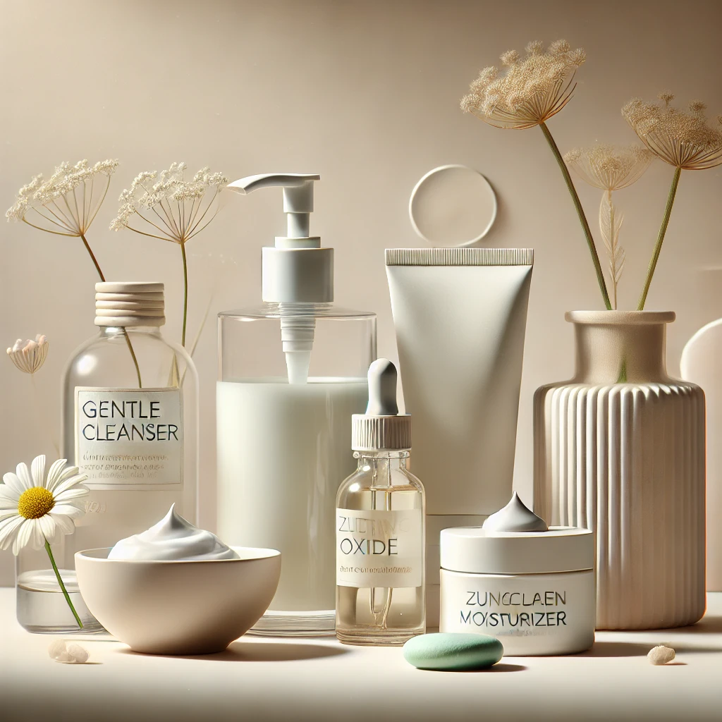 وتین مراقبت از پوست حساس شامل شوینده ملایم، مرطوب‌کننده، ضدآفتاب با زینک اکسید و ترکیبات آرام‌بخش